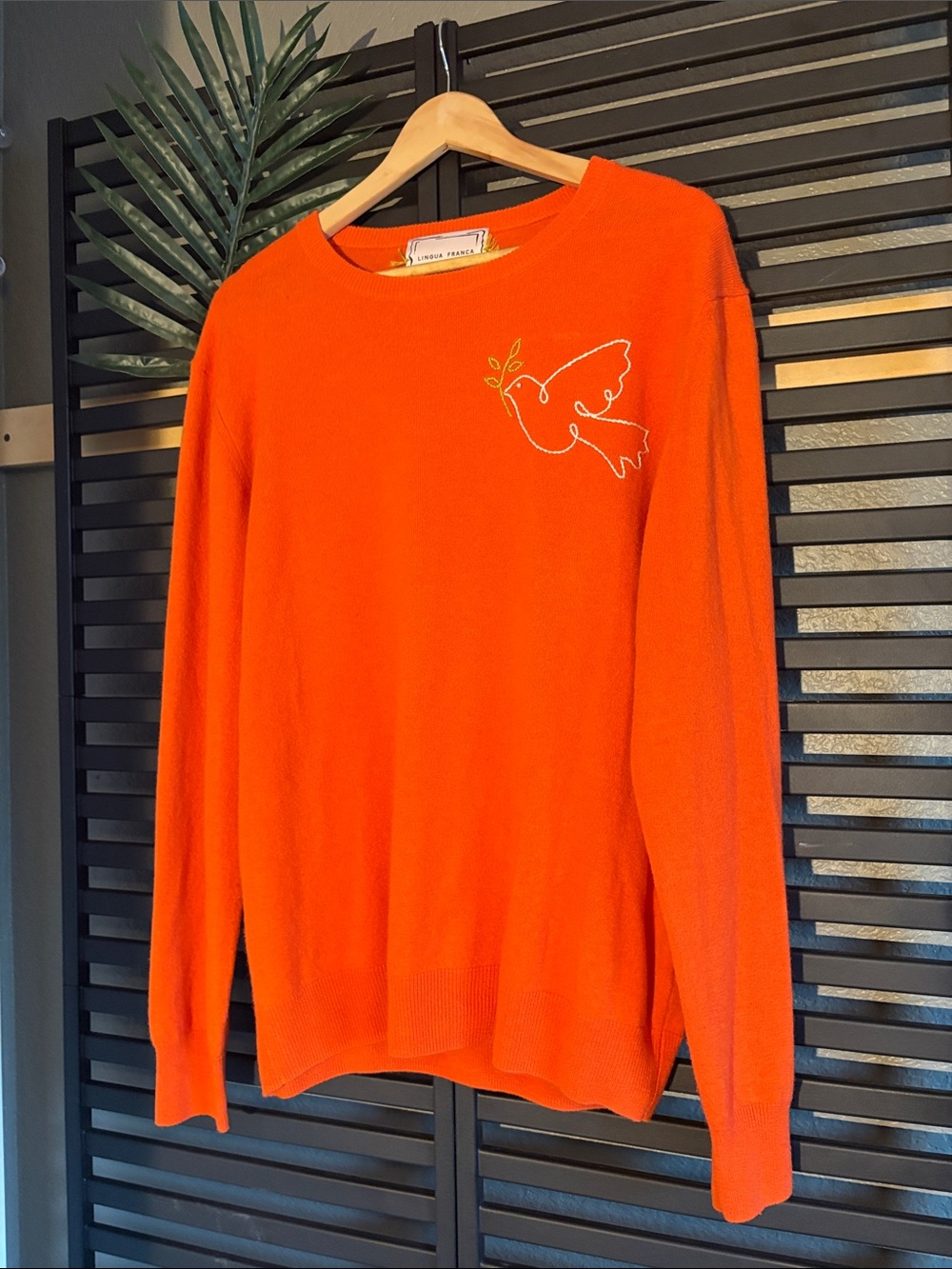Lingua Franca Orange 100% Cashmere Crewneck Sweater with Dove Motif